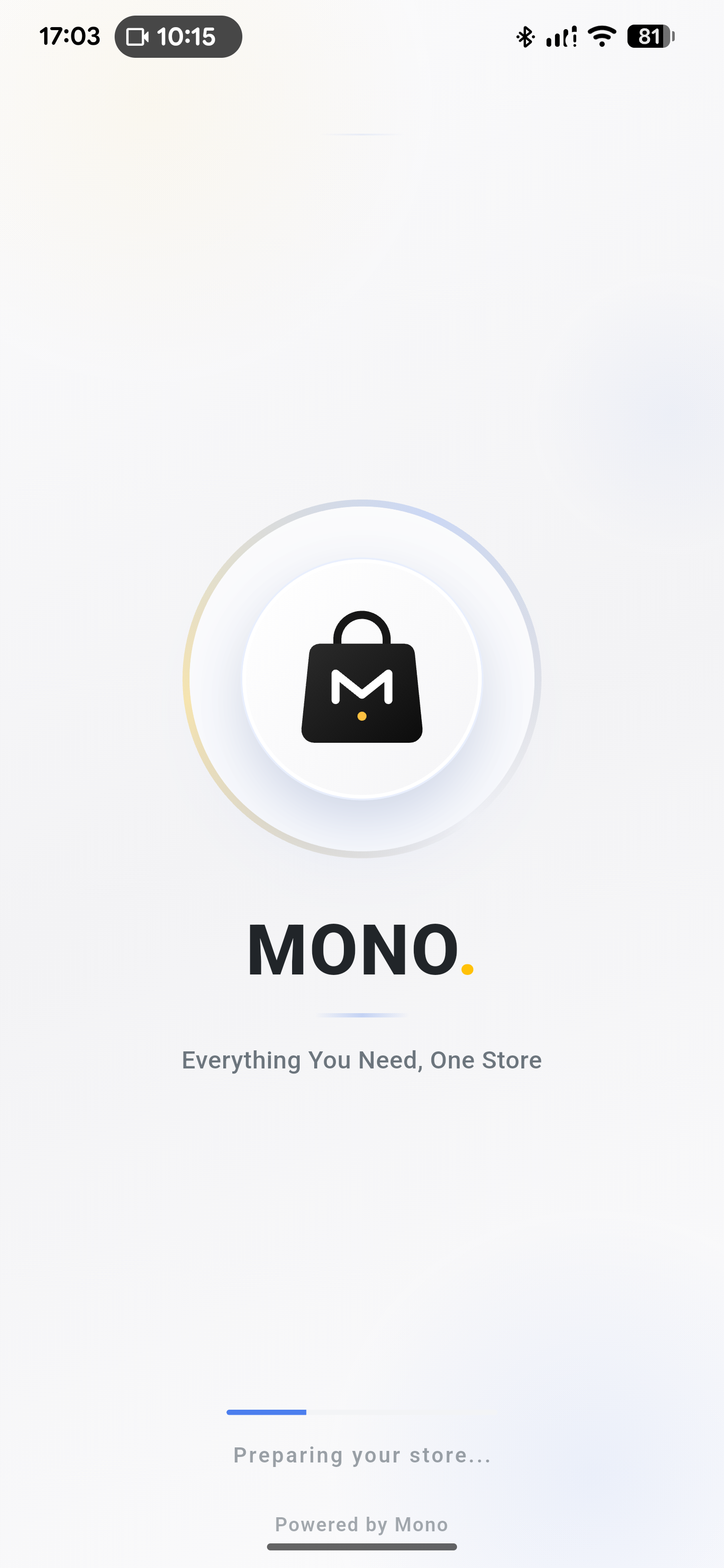 Mono customer branded splash screen captured on a real device.