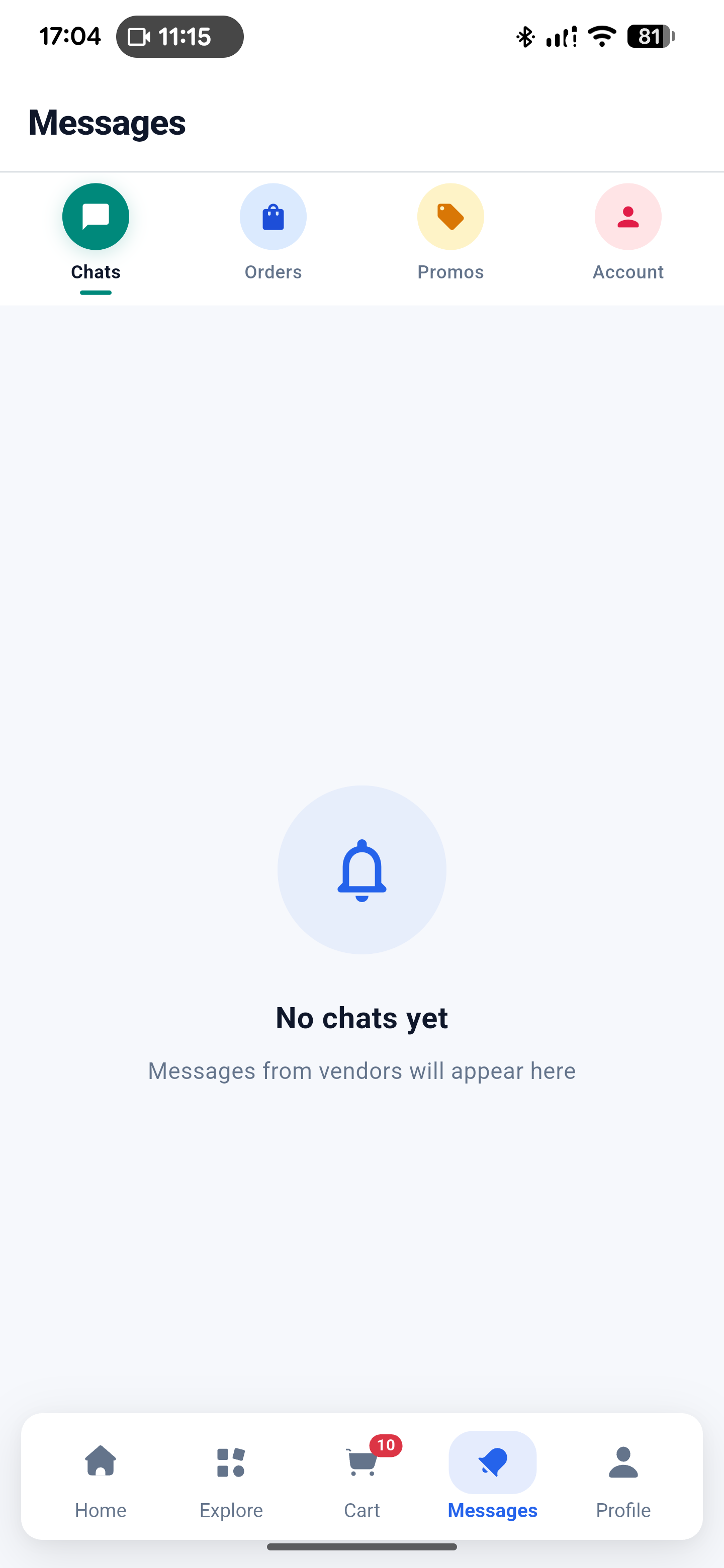 Mono customer Messages screen with inbox tabs and empty state.
