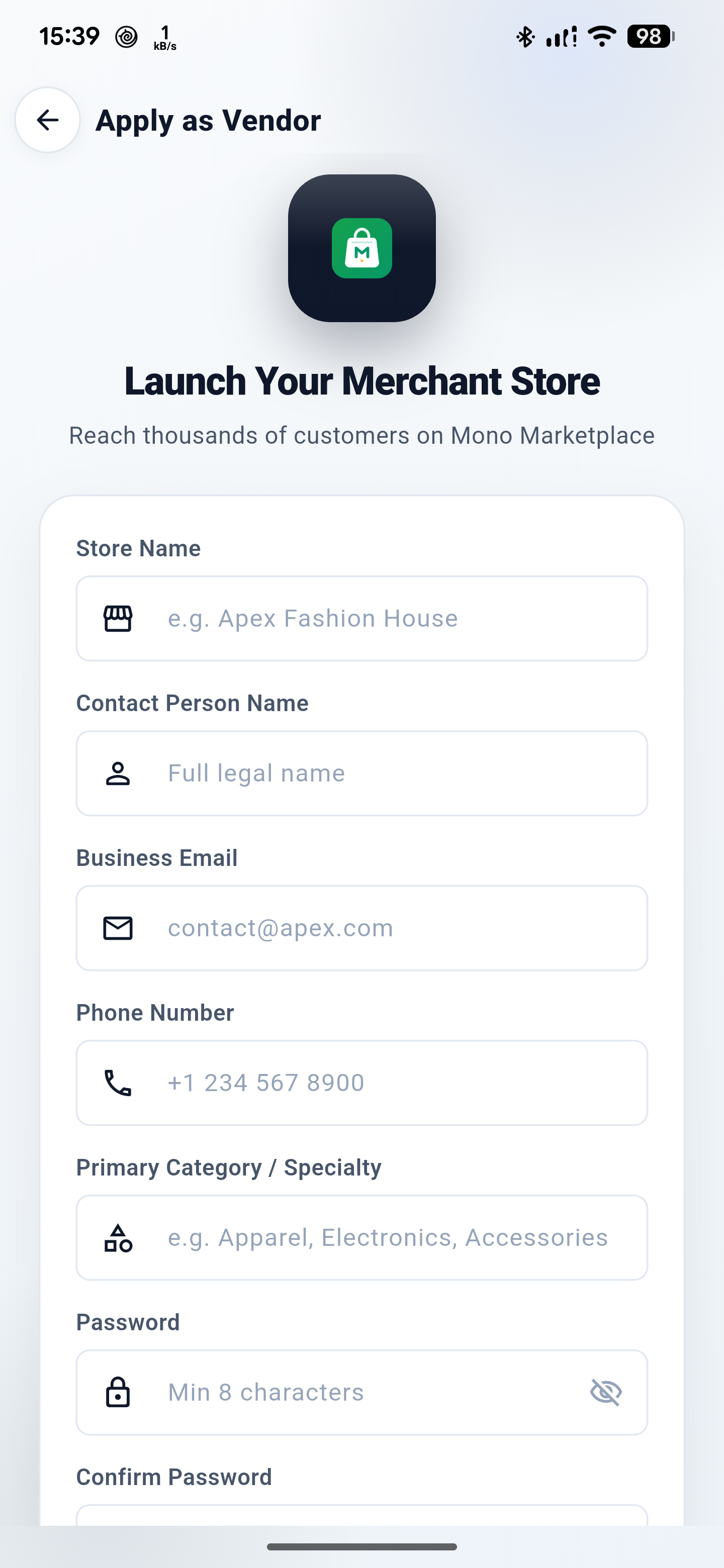 Top of the Apply as Vendor registration form showing store name, contact name, business email, phone, specialty, and password fields.