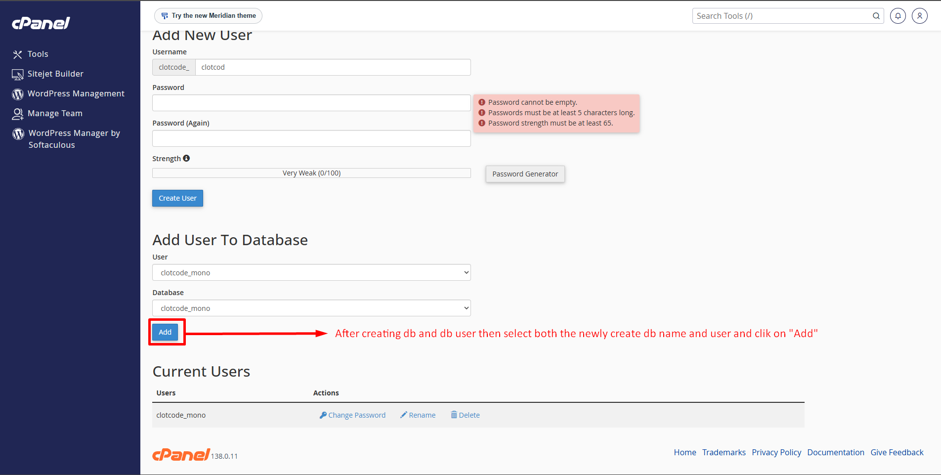 Add User To Database section with the new user and database selected in the dropdowns and the Add button highlighted.