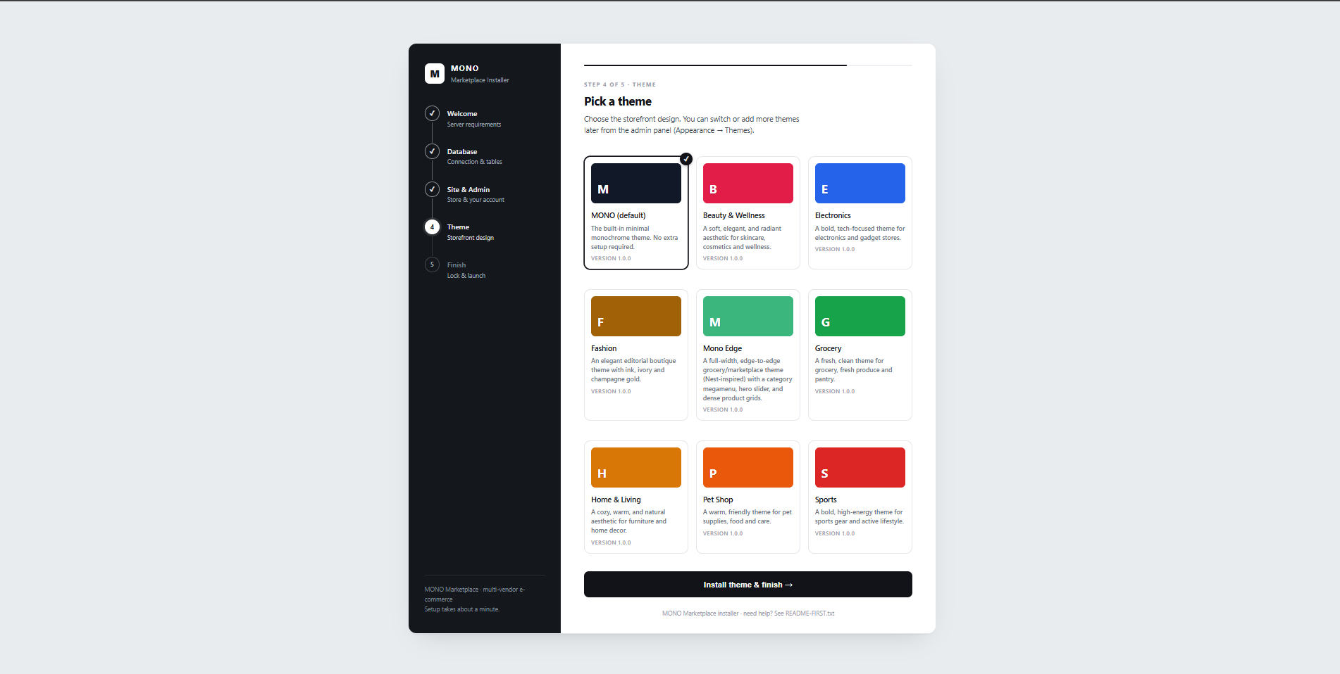 MONO installer step 4 of 5, Theme, showing a grid of nine storefront themes with MONO selected.