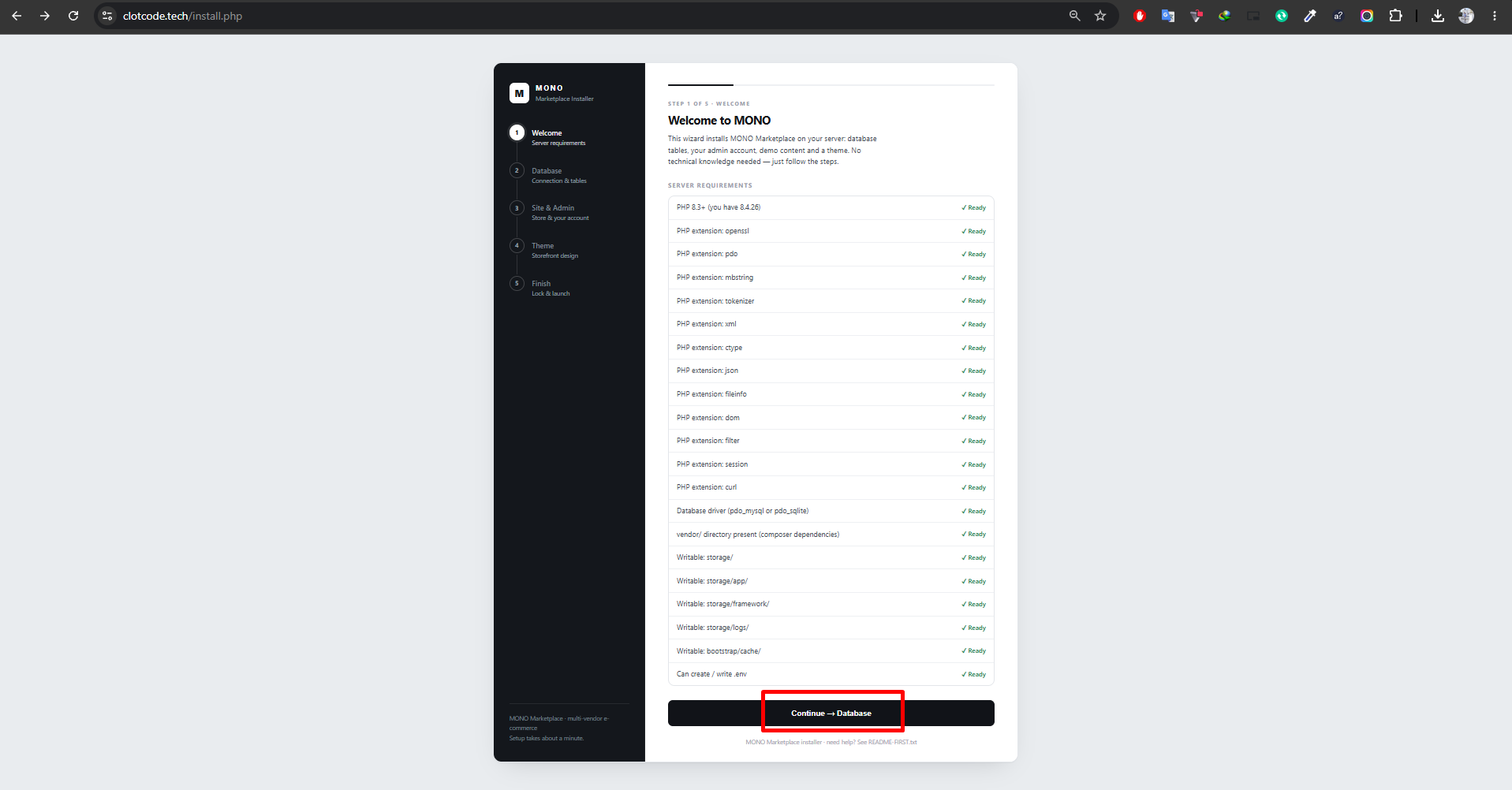 MONO installer step 1 of 5, Welcome, listing the server requirements, each marked Ready, with the Continue to Database button highlighted.
