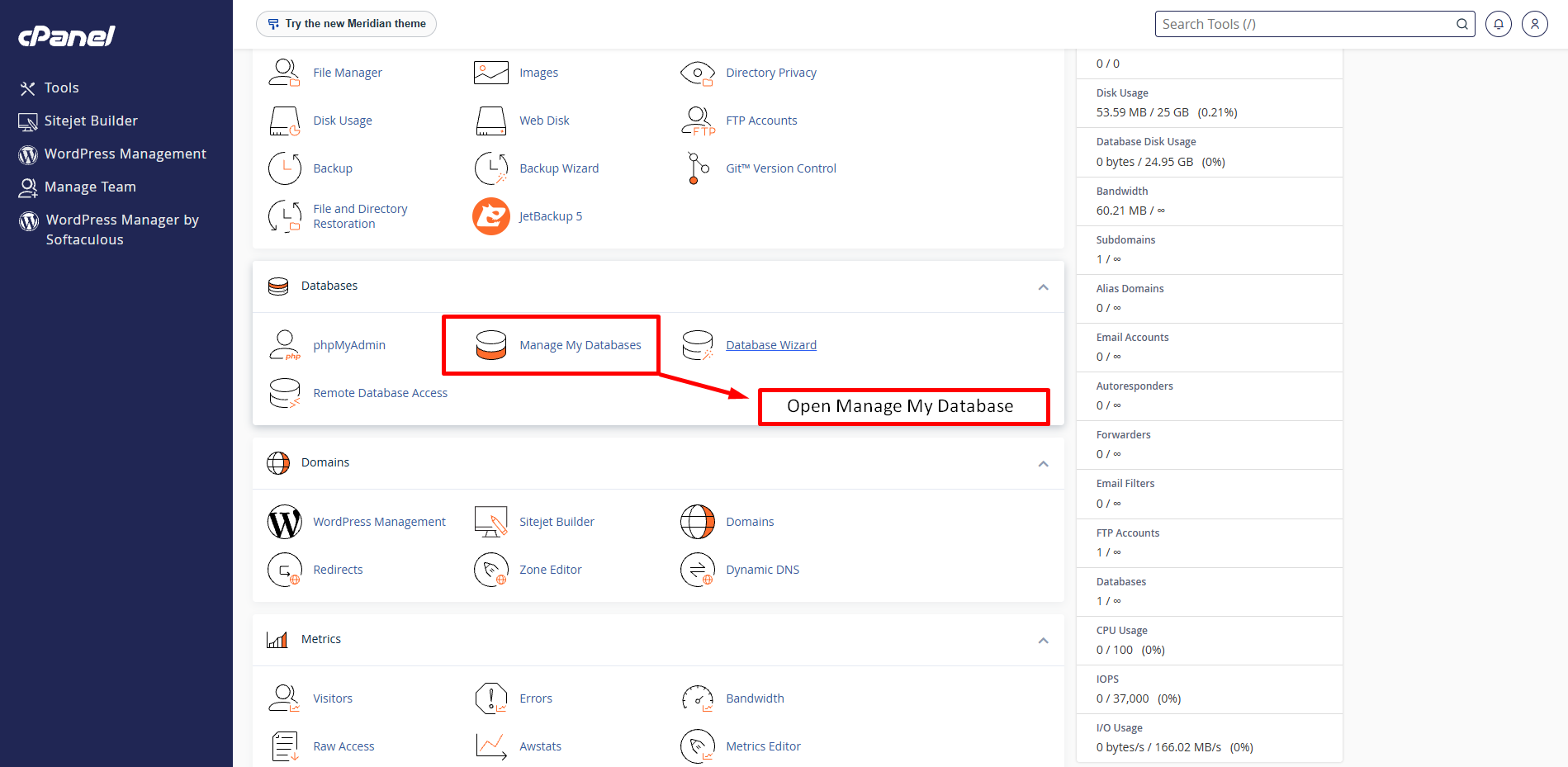 cPanel home with the Databases section open and Manage My Databases highlighted.