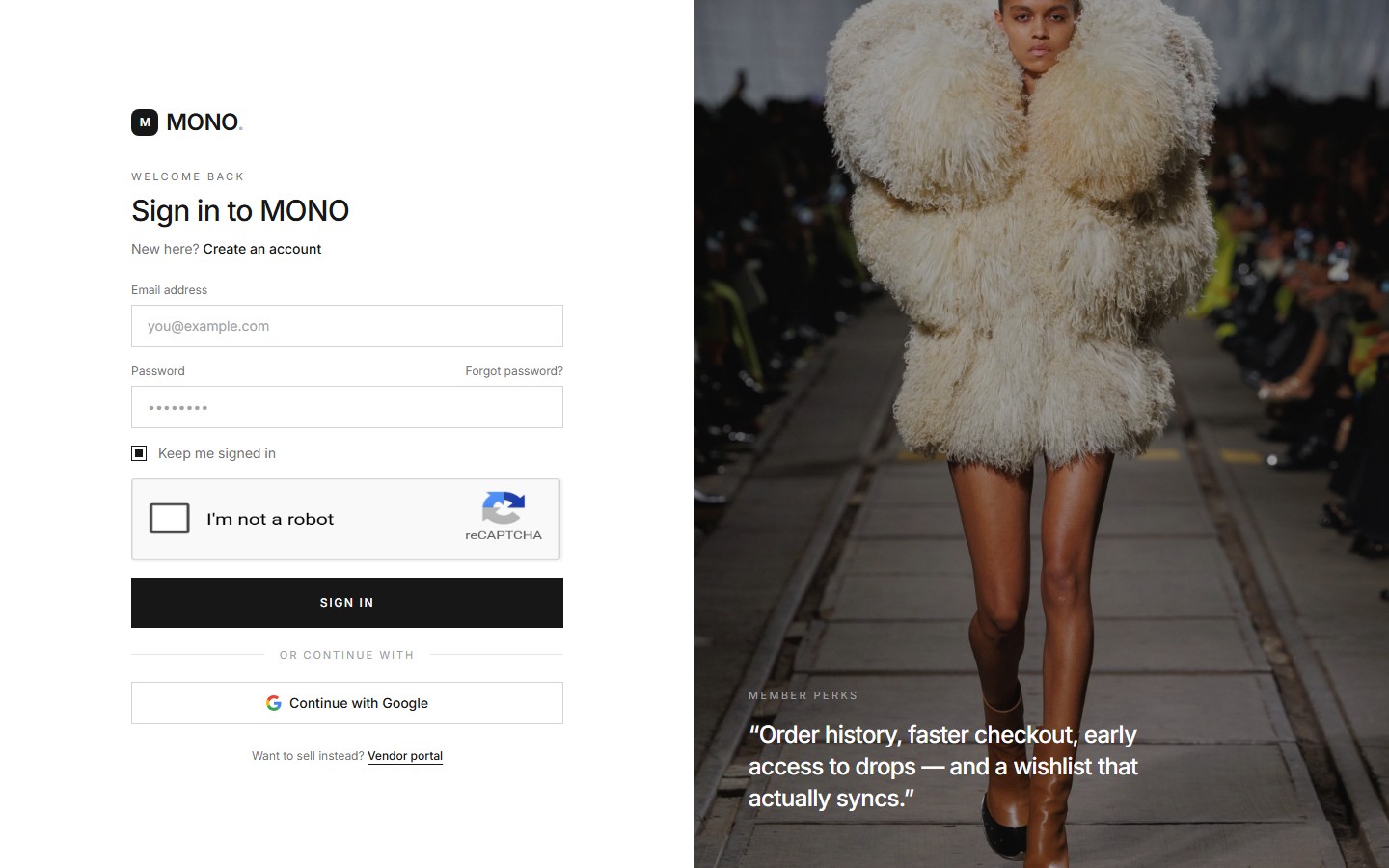 Storefront customer sign-in page with email and password fields.