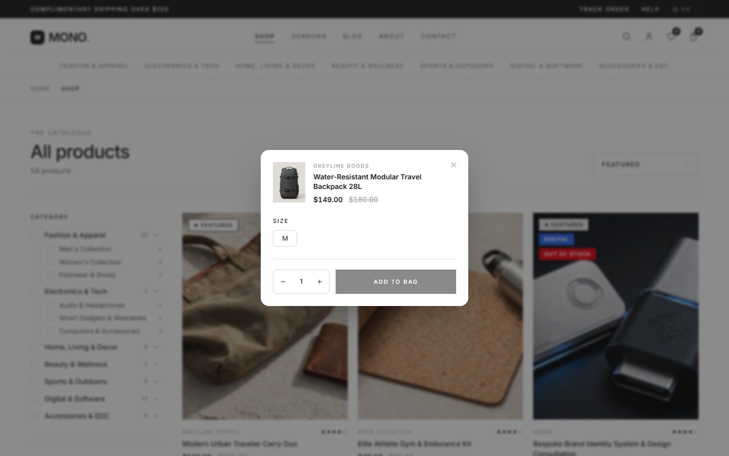 Variation picker modal open over the shop grid, with the size group and quantity stepper.