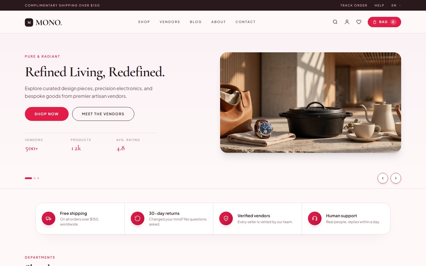 Beauty and Wellness theme home page with a rose-pink palette, serif display type and a soft hero.