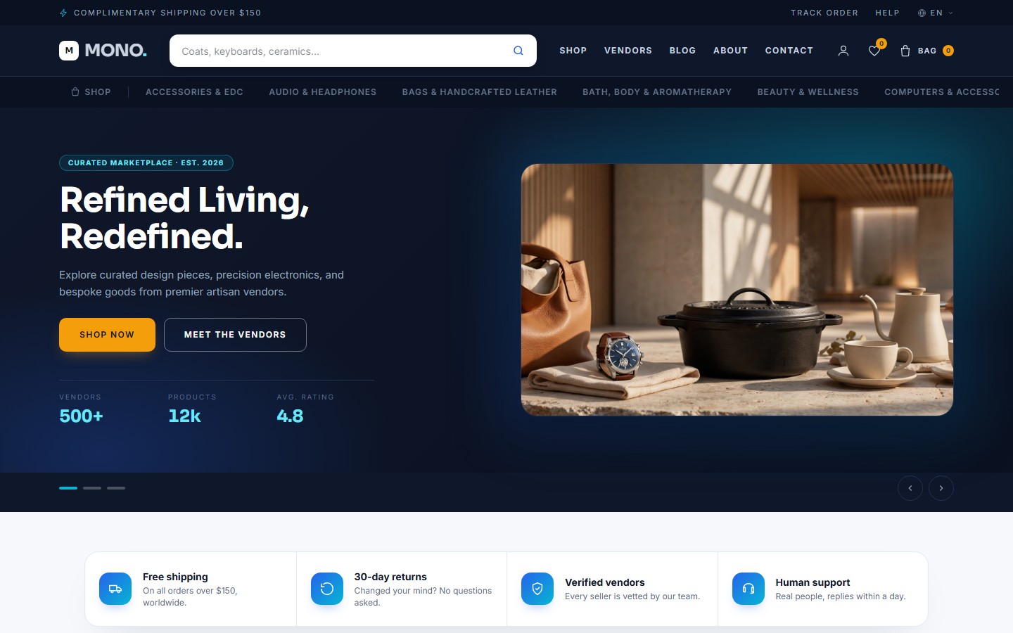 Electronics theme home page with a blue tech palette and gadget-focused hero.