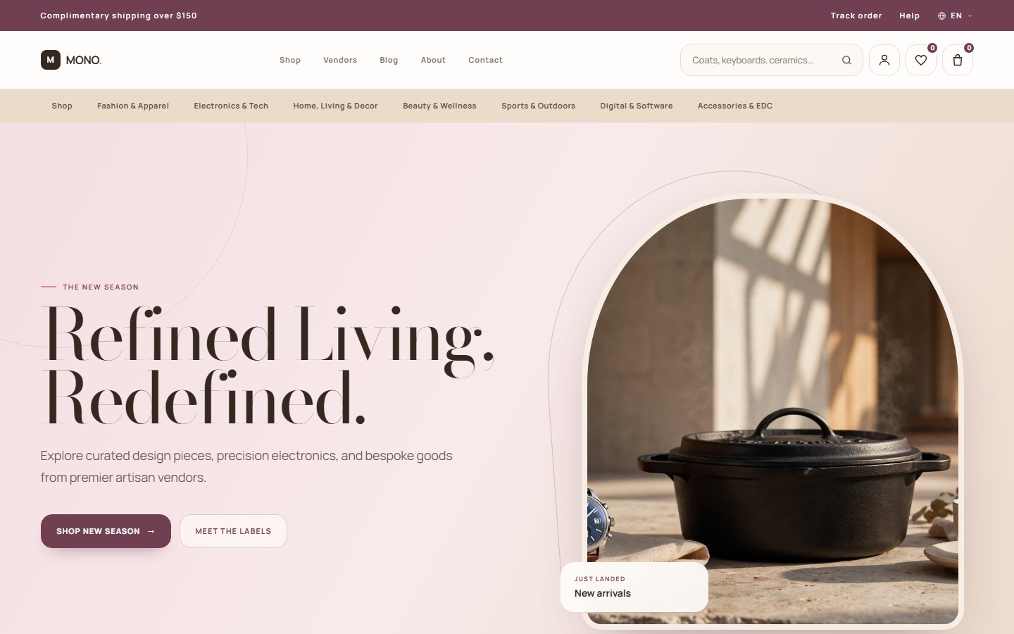Fashion theme home page with an editorial boutique layout and arch-shaped category tiles.
