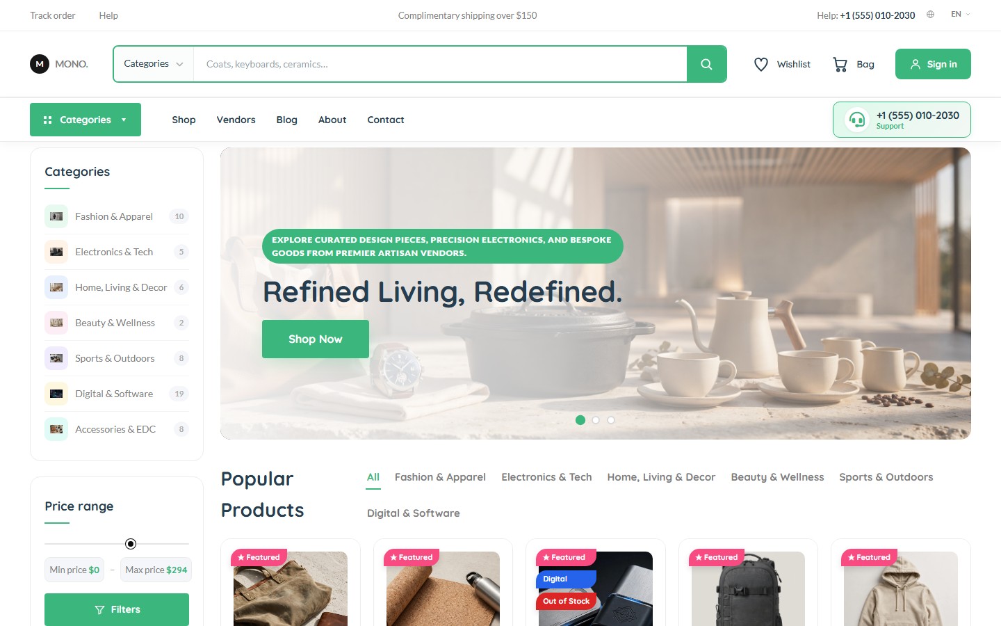 Mono Edge theme home page with a full-width marketplace layout, hero slider and dense product grid.