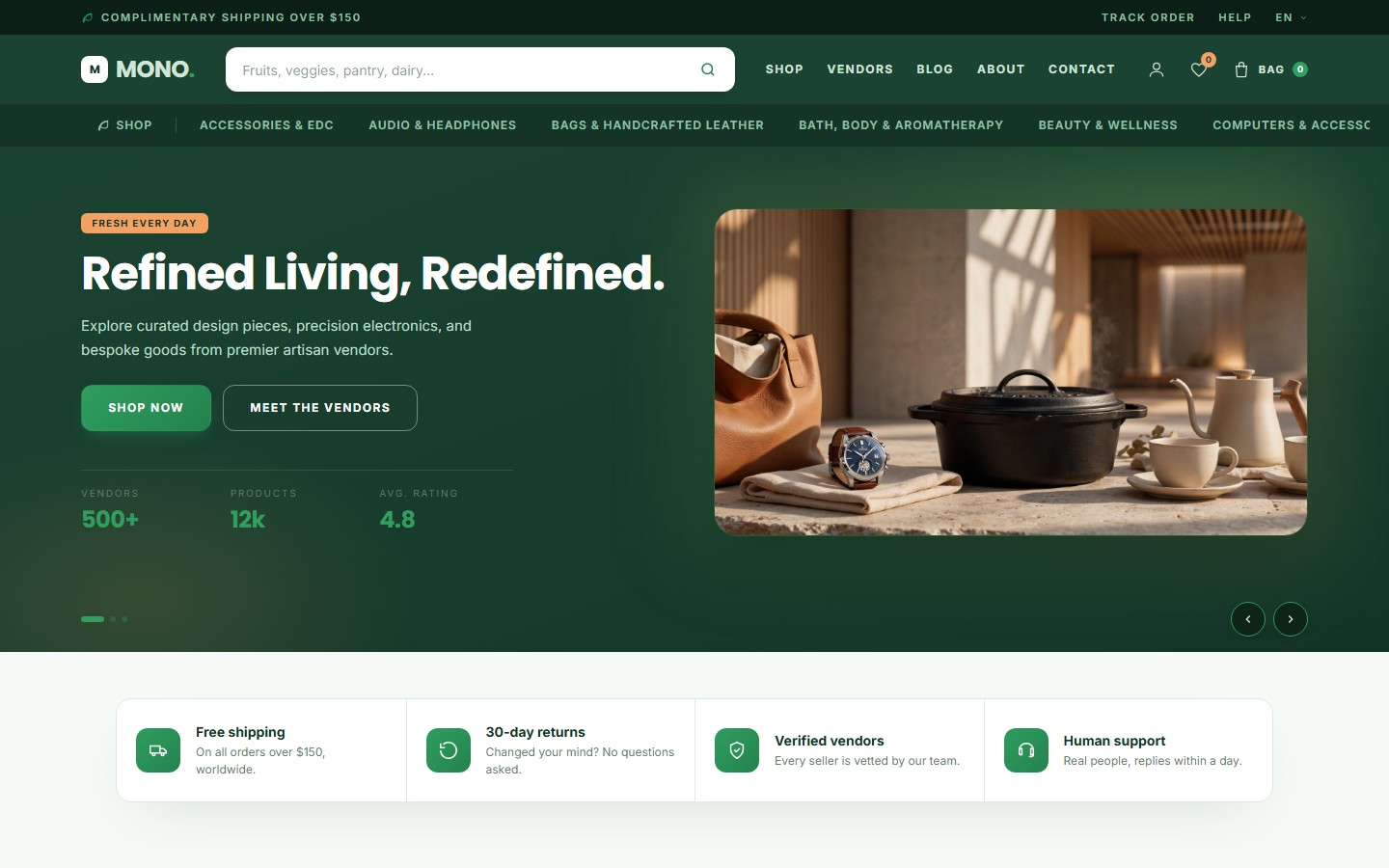Grocery theme home page with a fresh green palette and pantry-focused categories.