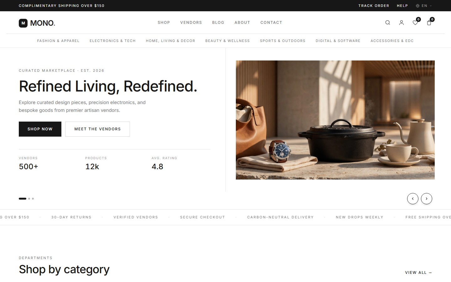 MONO theme storefront home page with a minimal black-and-white hero, category strip and featured products.